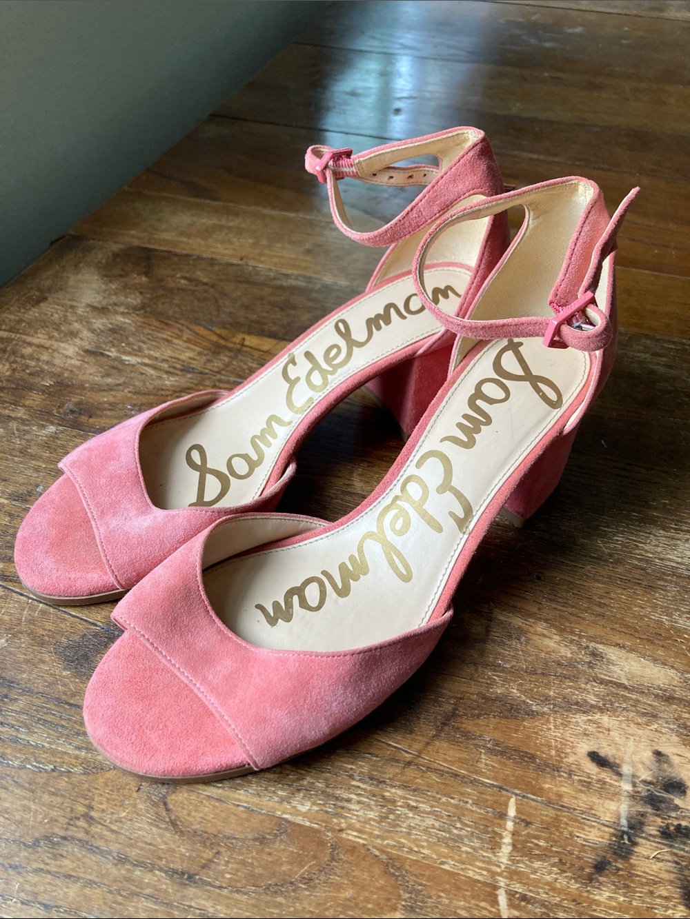 Sam Edelman Coral Pink Suede Ankle-Strap Block Heels